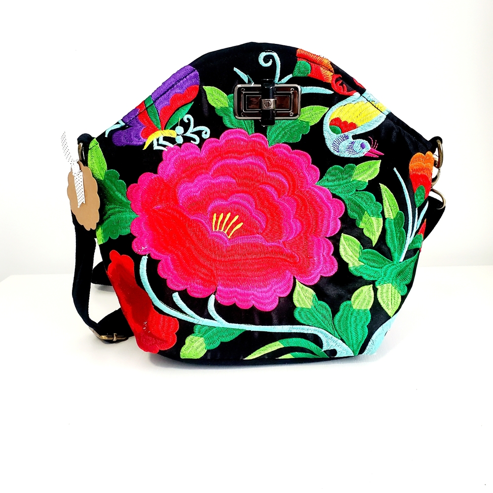 Embroidered Floral Black Crossbody Bag with Pink Peony
